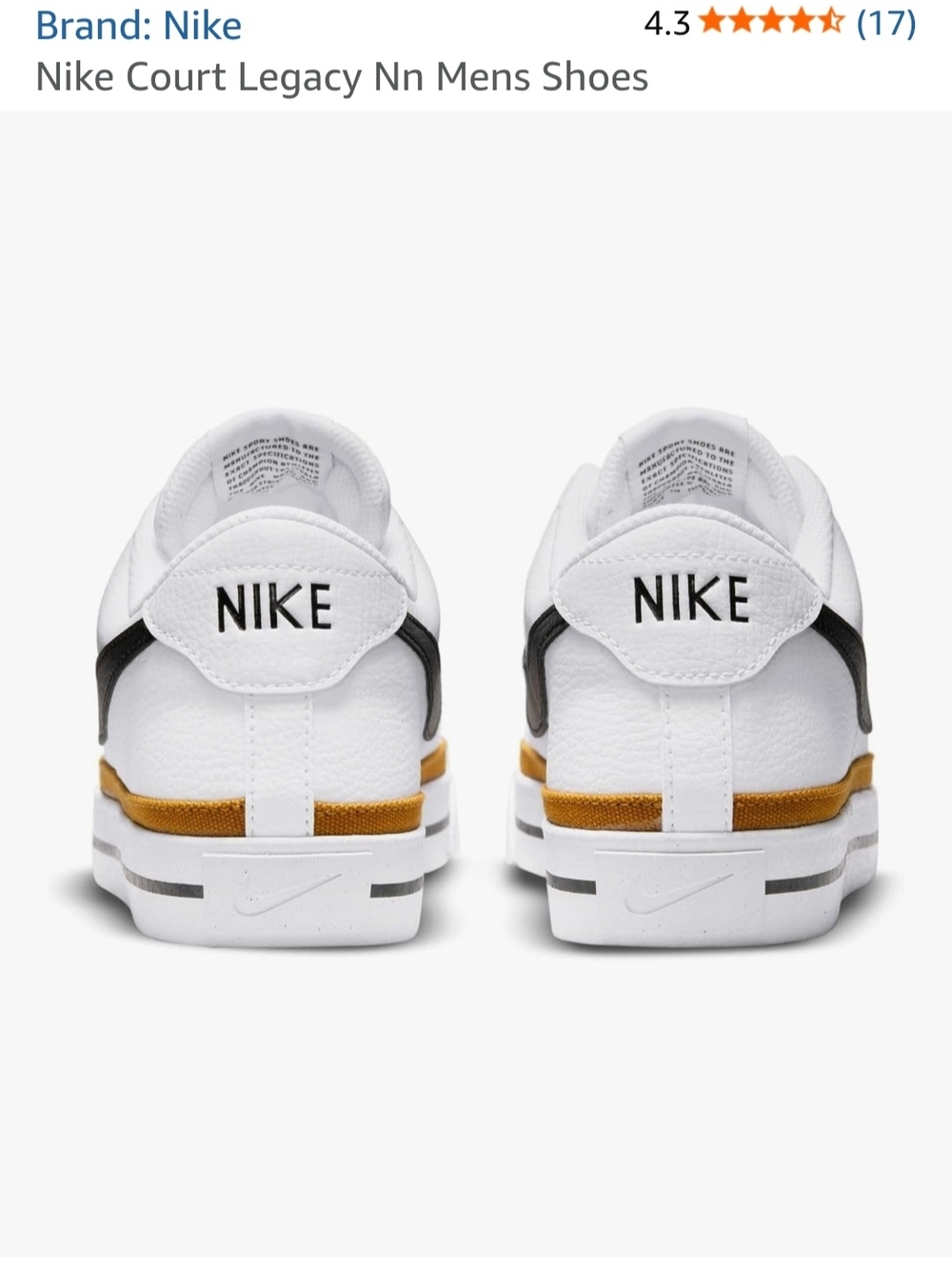 Nike Men’s Court Legacy White Sneakers with Black Swoosh and Tan Accent - Picture 7 of 7